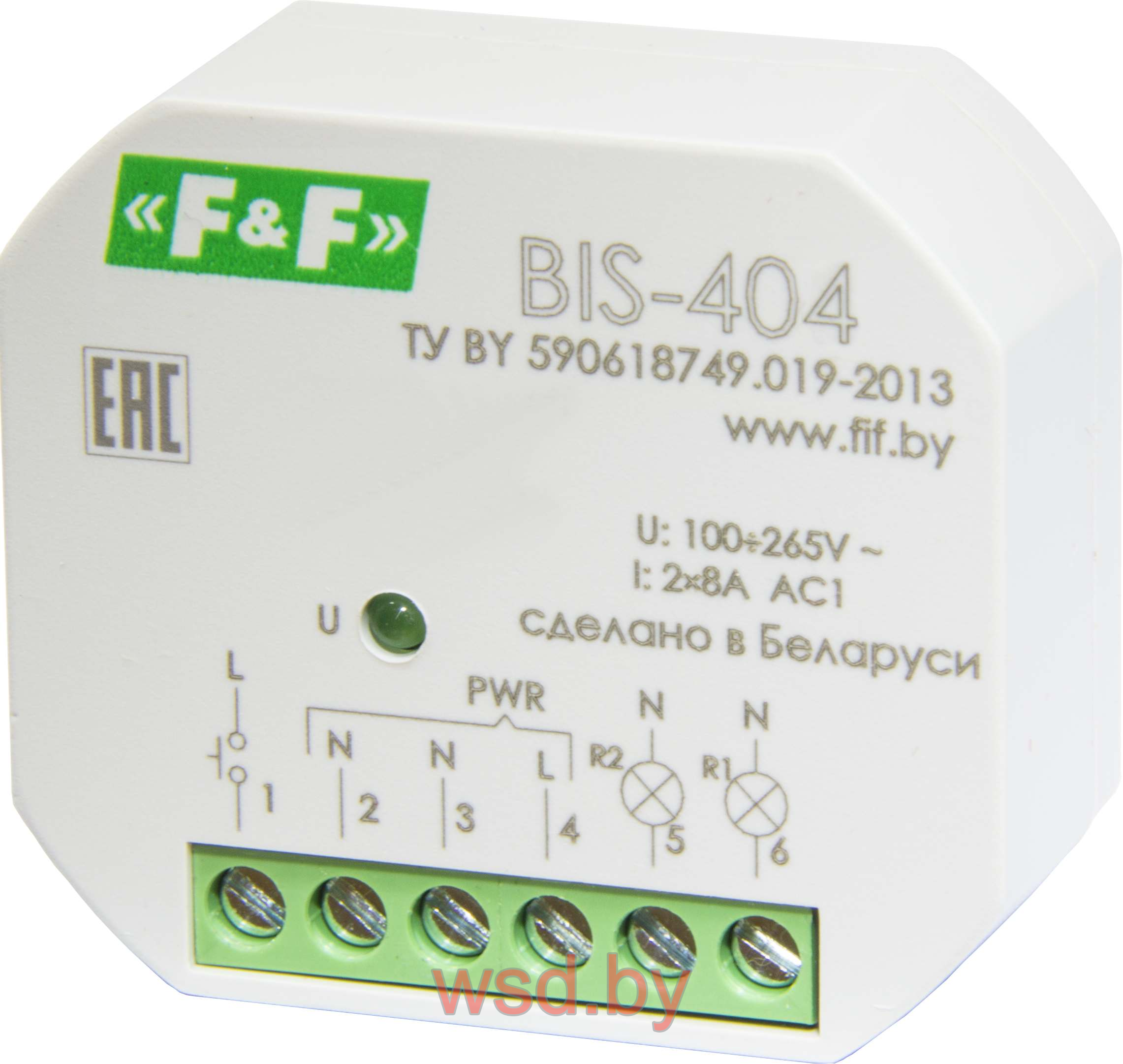 BIS-404 управление двумя нагрузками, 2 режима работы , для установки в монтажную коробку Ø 60 мм 100–265B AC 2х8А  2NO IP40